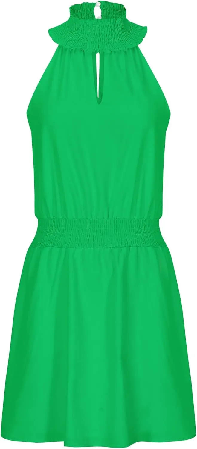Womens Mock Neck Cutout Elastic Waist Casual Mini Dresses Summer Solid Business Dress Sleeveless Short Beach Sundress