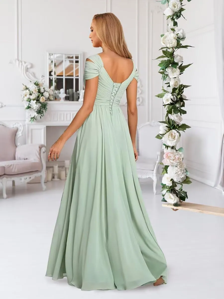 Womens Off Shoulder Chiffon Bridesmaid Dresses with Slit Ruched Wedding Prom Dress for Teens V-Neck Formal Gowns