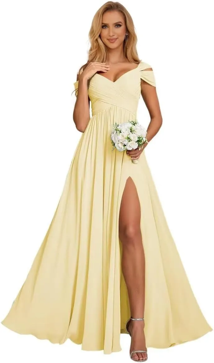 Womens Off Shoulder Chiffon Bridesmaid Dresses with Slit Ruched Wedding Prom Dress for Teens V-Neck Formal Gowns