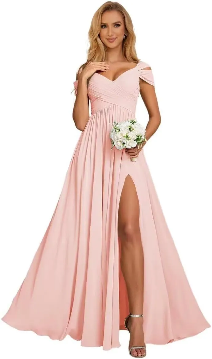 Womens Off Shoulder Chiffon Bridesmaid Dresses with Slit Ruched Wedding Prom Dress for Teens V-Neck Formal Gowns