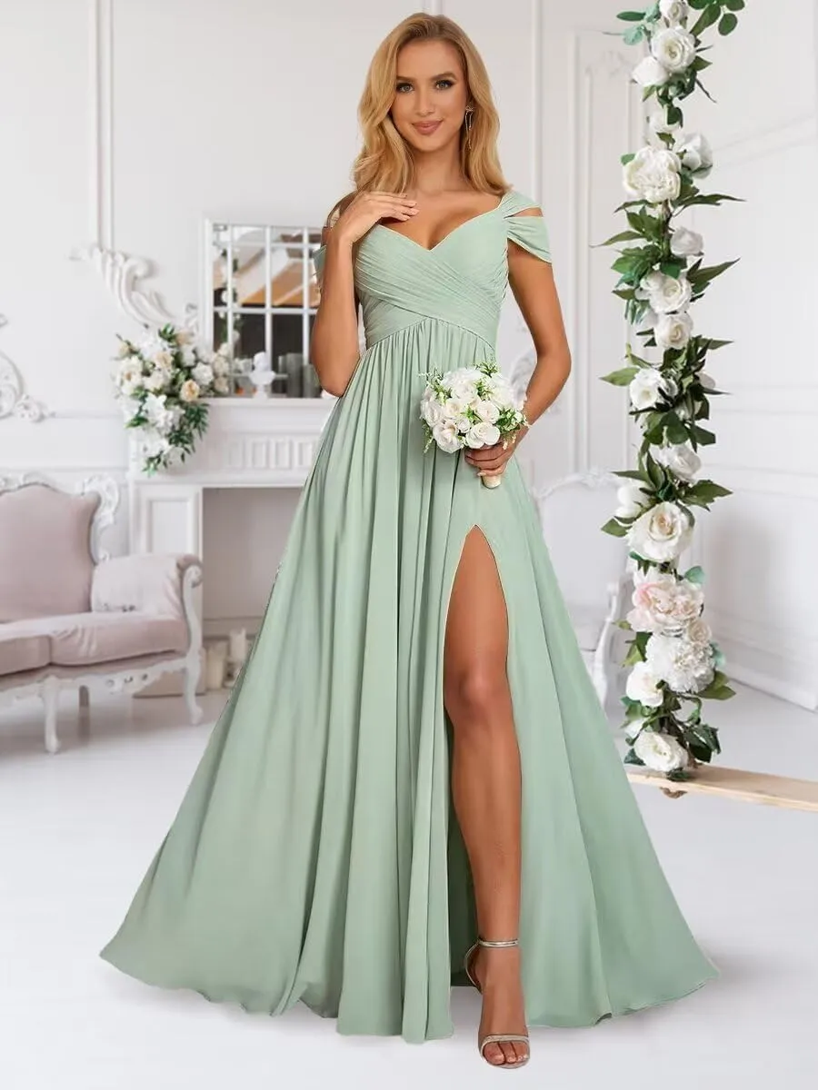 Womens Off Shoulder Chiffon Bridesmaid Dresses with Slit Ruched Wedding Prom Dress for Teens V-Neck Formal Gowns