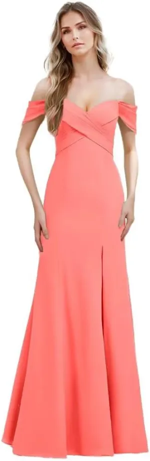 Women's Off The Shoulder Bridesmaid Dresses with Slit 2025 Chiffon Pleated Long Formal Party Dress for Junior