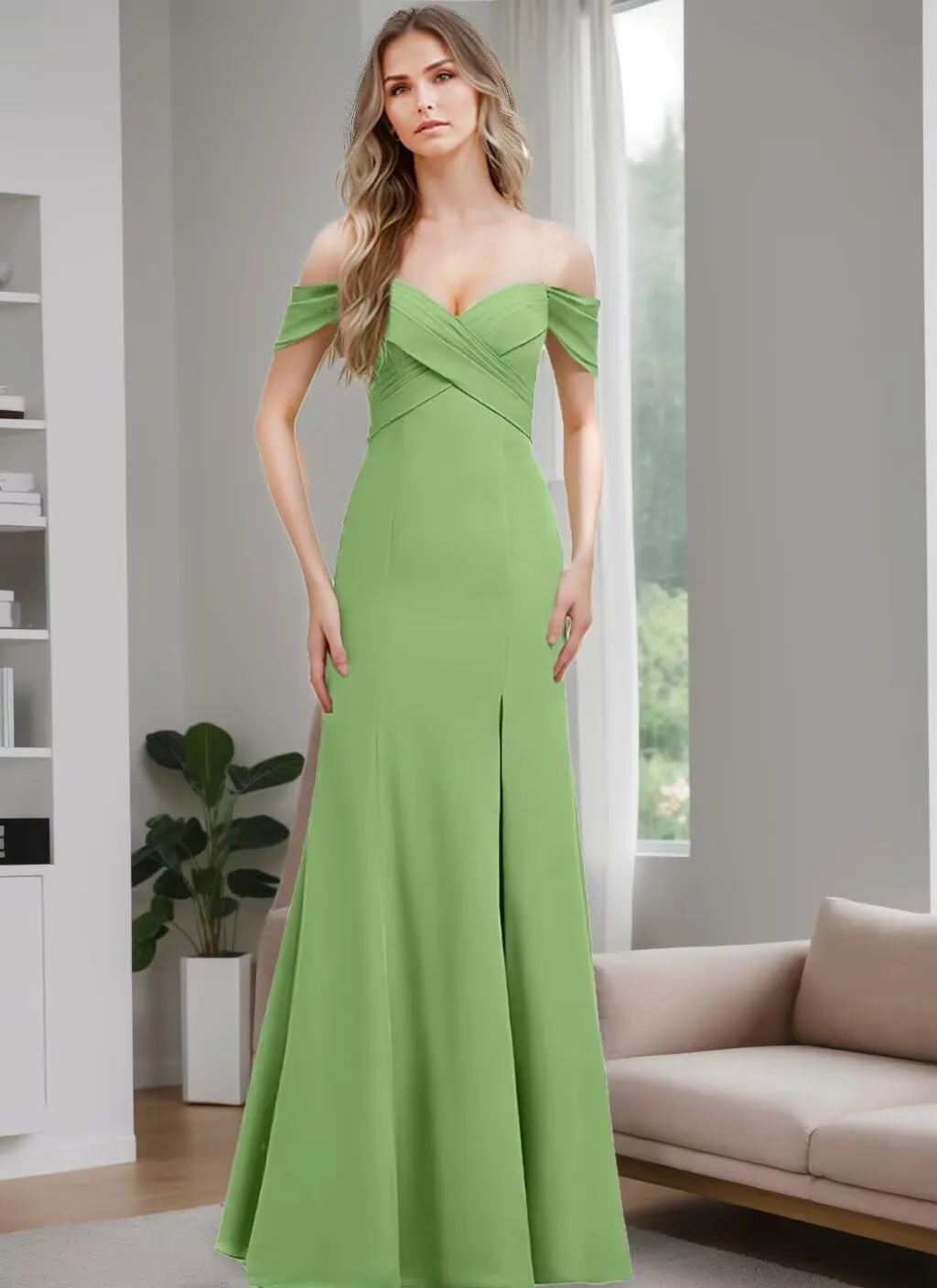 Women's Off The Shoulder Bridesmaid Dresses with Slit 2025 Chiffon Pleated Long Formal Party Dress for Junior