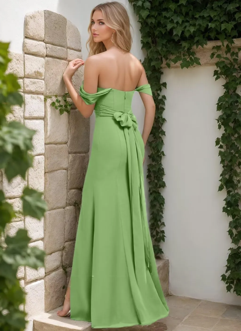 Women's Off The Shoulder Bridesmaid Dresses with Slit 2025 Chiffon Pleated Long Formal Party Dress for Junior