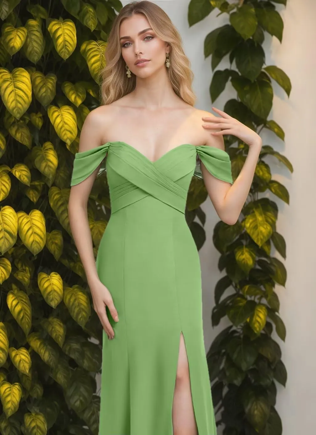 Women's Off The Shoulder Bridesmaid Dresses with Slit 2025 Chiffon Pleated Long Formal Party Dress for Junior