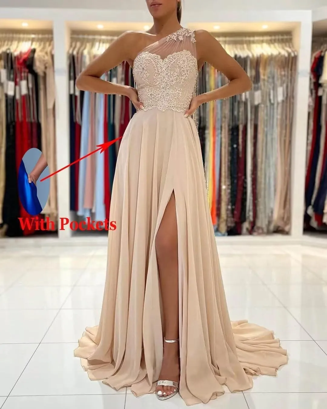 Women's One Shoulder Bridesmaid Dress for Wedding A-Line Laces Appliques Prom Dresses Long Slit with Pockets