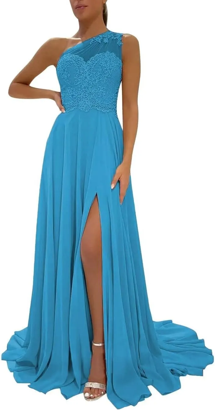 Women's One Shoulder Bridesmaid Dress for Wedding A-Line Laces Appliques Prom Dresses Long Slit with Pockets