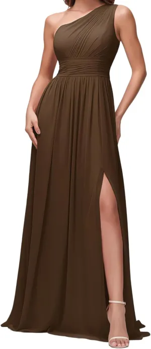 Women's One Shoulder Bridesmaid Dresses for Ruched Chiffon A Line Evening Formal Gown with Slit