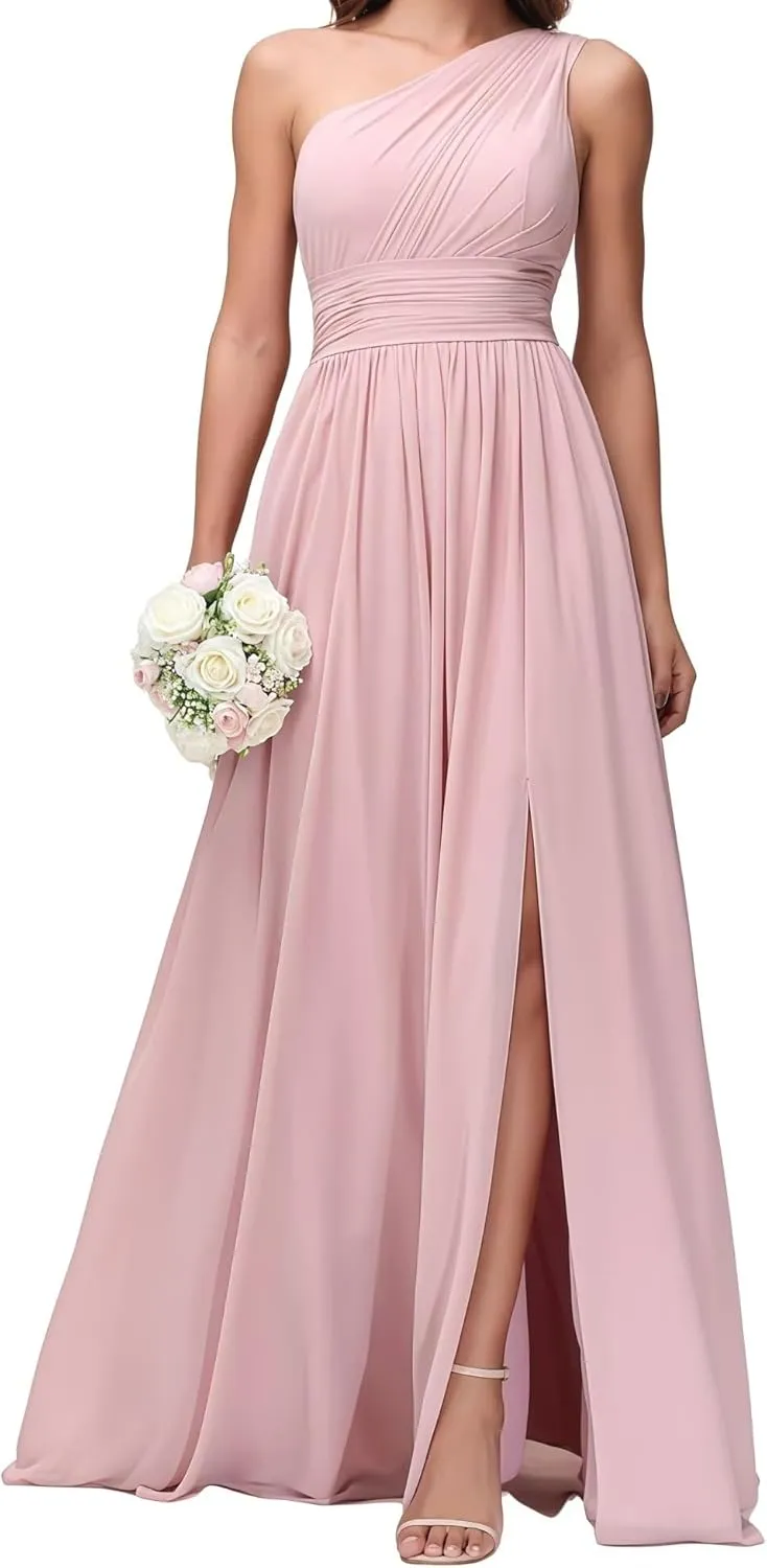 Women's One Shoulder Bridesmaid Dresses for Ruched Chiffon A Line Evening Formal Gown with Slit