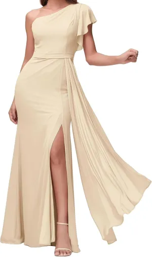 Women's One Shoulder Bridesmaid Dresses for Ruched Chiffon A Line with Slit Evening Formal Gown