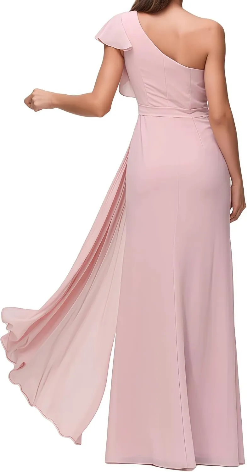 Women's One Shoulder Bridesmaid Dresses for Ruched Chiffon A Line with Slit Evening Formal Gown