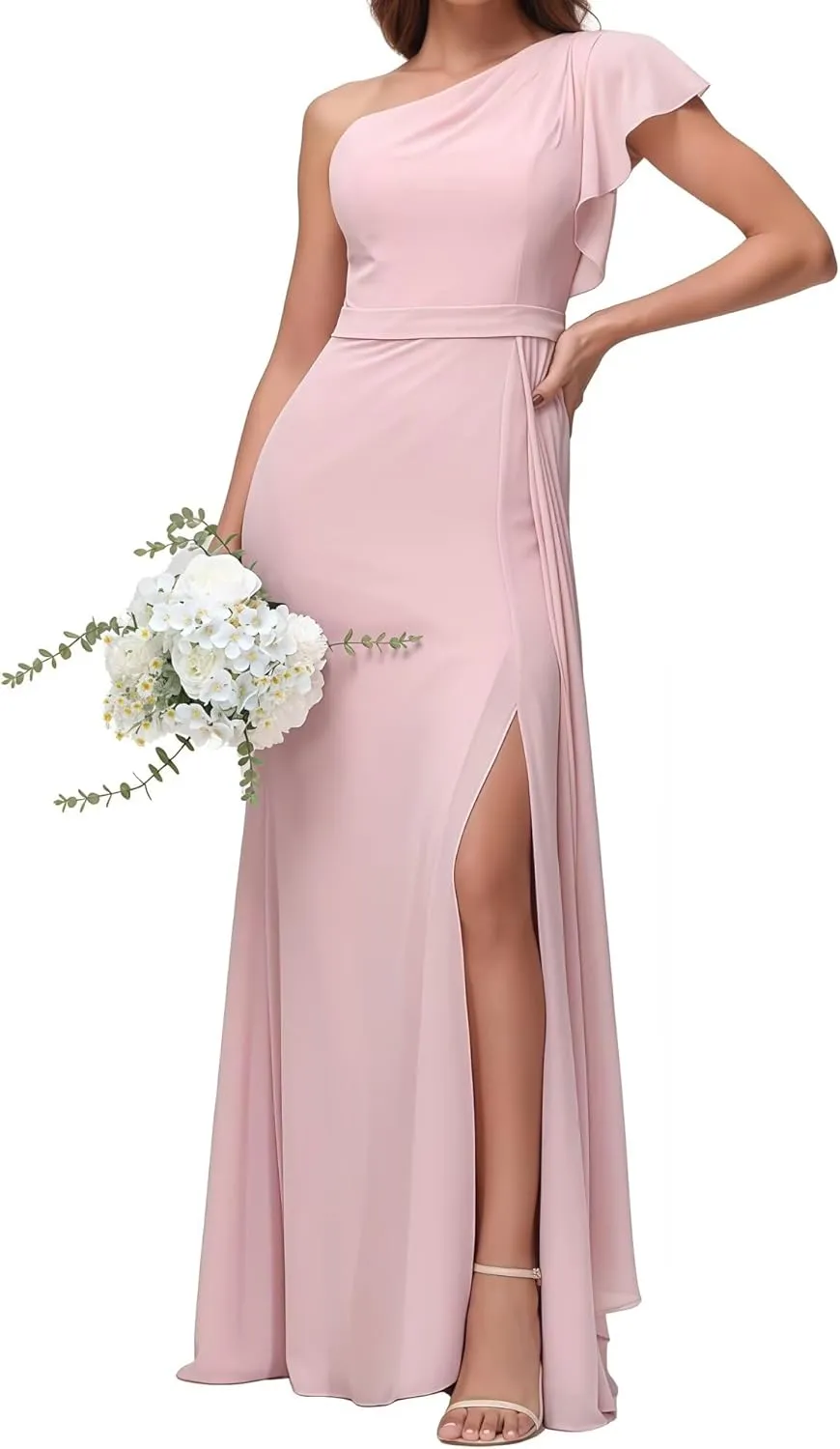 Women's One Shoulder Bridesmaid Dresses for Ruched Chiffon A Line with Slit Evening Formal Gown