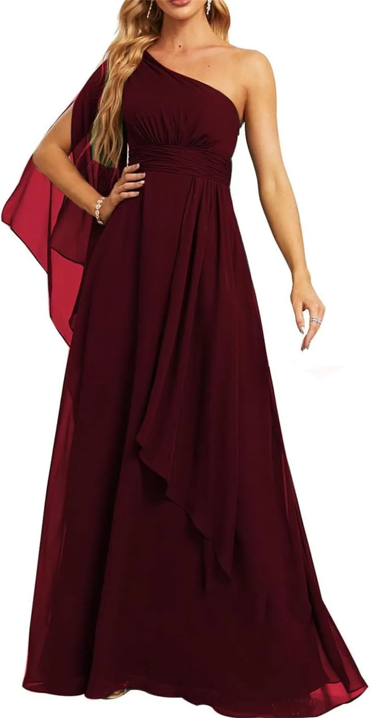 Women's One Shoulder Bridesmaid Dresses Ruched Prom Dresses Chiffon Formal Evening Party Maxi Gowns PE475