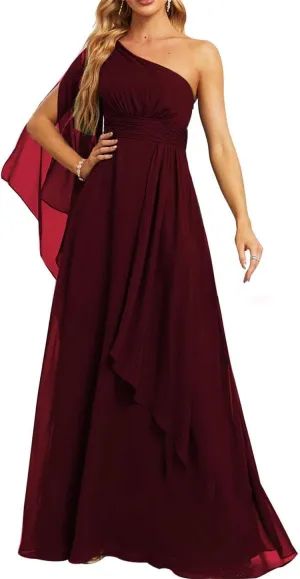 Women's One Shoulder Bridesmaid Dresses Ruched Prom Dresses Chiffon Formal Evening Party Maxi Gowns PE475
