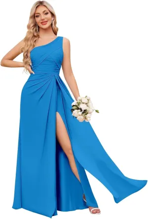 Women's One Shoulder Bridesmaid Dresses with Slit Pleated Long Chiffon Wedding Guest Dresses