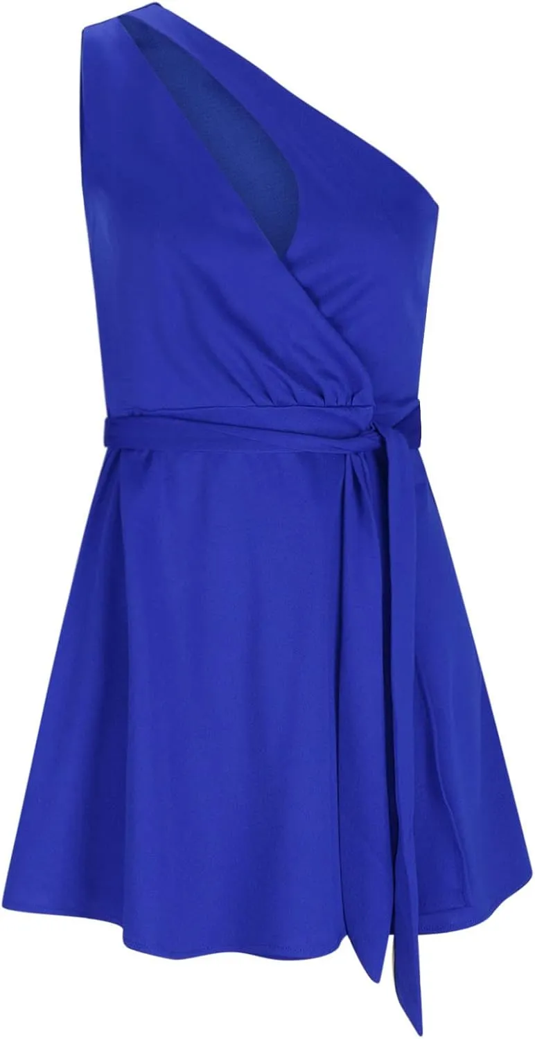 Women's One Shoulder Cutout Bodycon Mini Dress Sexy Sleeveless Club Cocktail Ruffles Short Dresses Tie Waist Sundress