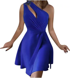 Women's One Shoulder Cutout Bodycon Mini Dress Sexy Sleeveless Club Cocktail Ruffles Short Dresses Tie Waist Sundress