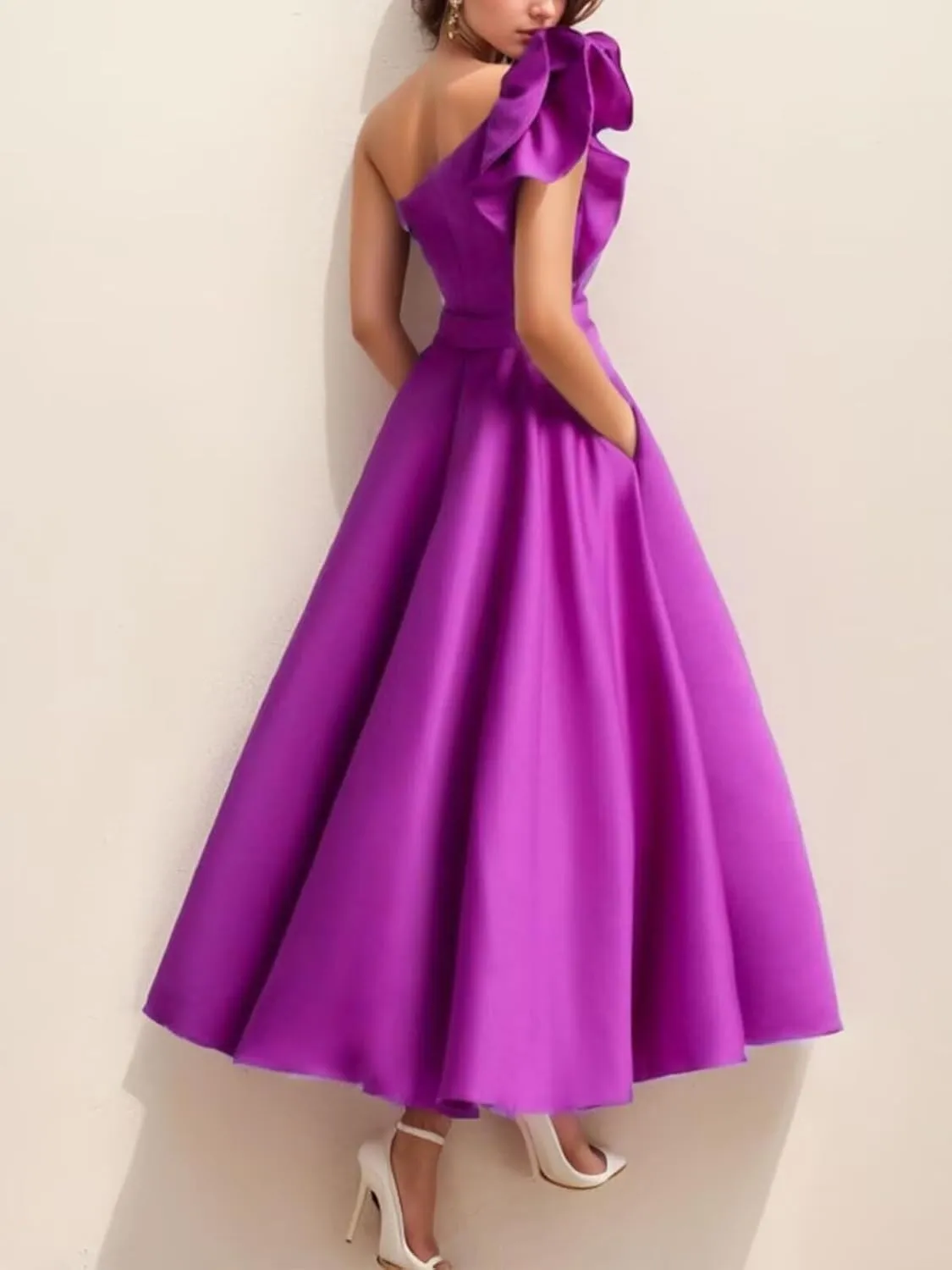 Women's One Shoulder Elegant Evening Dress with Pockets Satin Tea Length A Line Formal Wedding Guest Dress