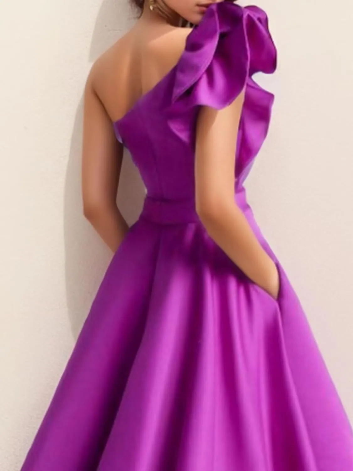 Women's One Shoulder Elegant Evening Dress with Pockets Satin Tea Length A Line Formal Wedding Guest Dress