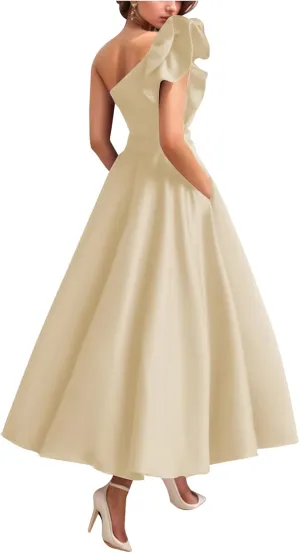 Women's One Shoulder Elegant Evening Dress with Pockets Satin Tea Length A Line Formal Wedding Guest Dress