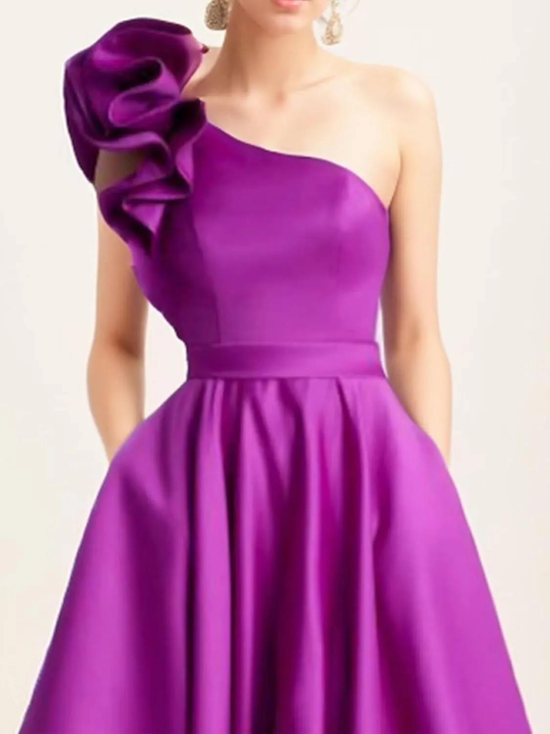 Women's One Shoulder Elegant Evening Dress with Pockets Satin Tea Length A Line Formal Wedding Guest Dress