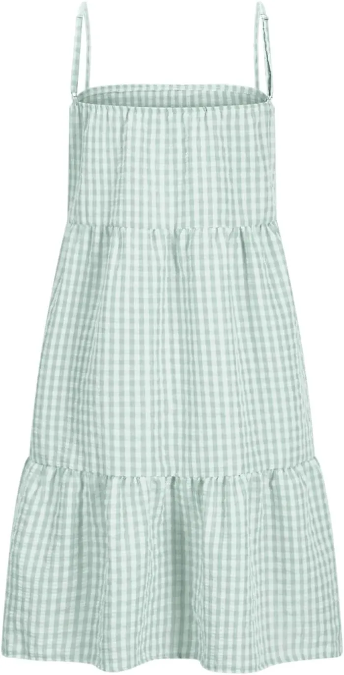Womens Plaid A-Line Tank Dresses Spaghetti Straps Tiered Ruffle Hem Swing Flowy Casual Mini Dress with Side Pockets