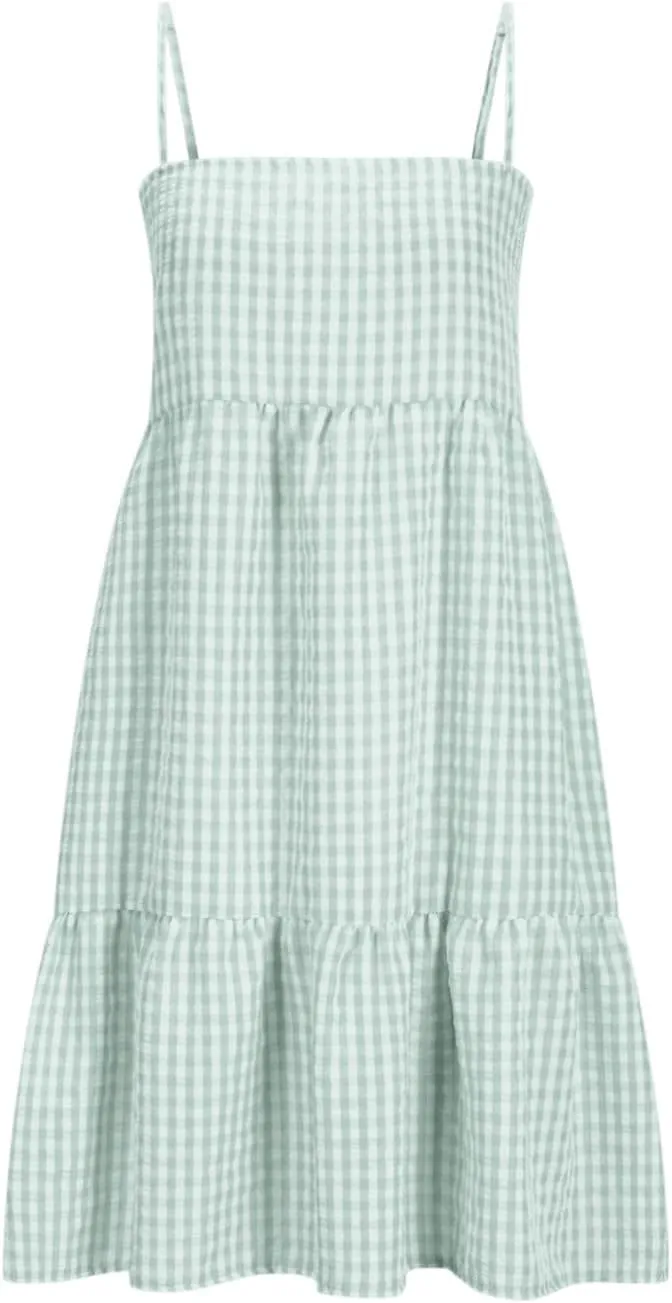 Womens Plaid A-Line Tank Dresses Spaghetti Straps Tiered Ruffle Hem Swing Flowy Casual Mini Dress with Side Pockets