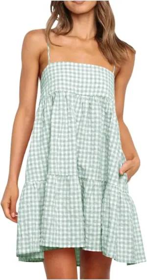 Womens Plaid A-Line Tank Dresses Spaghetti Straps Tiered Ruffle Hem Swing Flowy Casual Mini Dress with Side Pockets