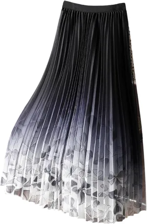 Womens Pleated Midi Skirt Tulle Tutu Graphic Print Elastic Waist A-Line Mesh Summer Long Flowy Skirts