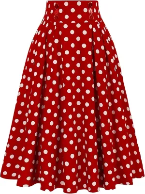 Women's Pleated Skirt A Line Vintage Skirt High Waisted Summer Skirts Basic Polka Dots Skirt Trendy Flowy Midi Skirts