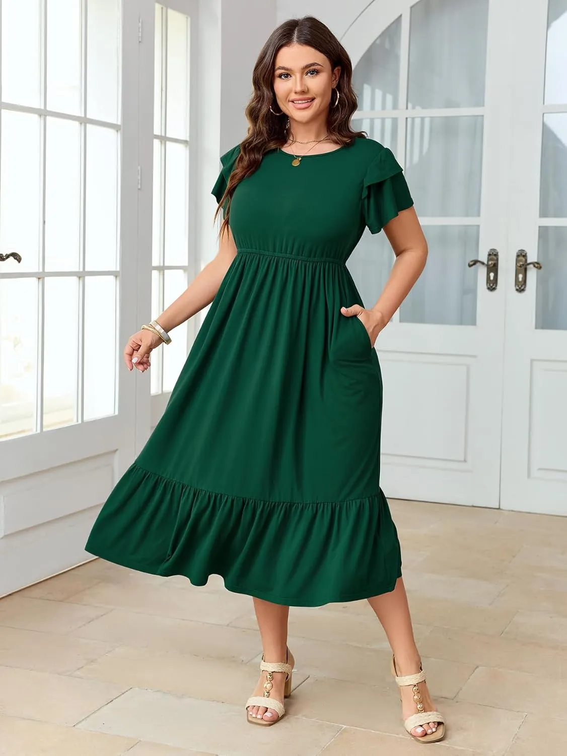 Women's Plus Size Dresses Ruffle Short Sleeve Crew Neck Casual Swing Tiered A-Line Midi Dress with Pockets