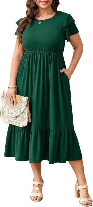 Women's Plus Size Dresses Ruffle Short Sleeve Crew Neck Casual Swing Tiered A-Line Midi Dress with Pockets