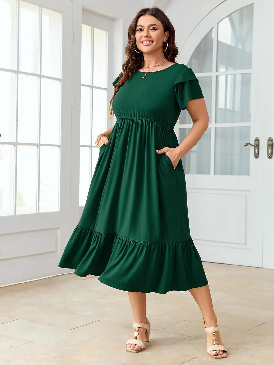 Women's Plus Size Dresses Ruffle Short Sleeve Crew Neck Casual Swing Tiered A-Line Midi Dress with Pockets