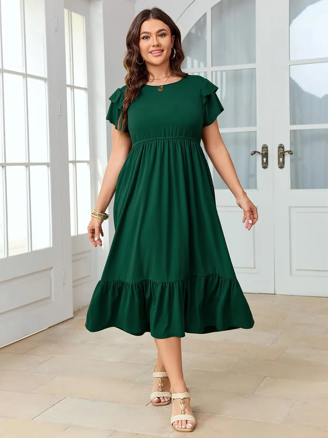 Women's Plus Size Dresses Ruffle Short Sleeve Crew Neck Casual Swing Tiered A-Line Midi Dress with Pockets