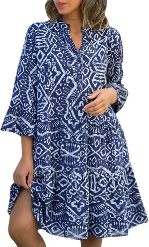 Womens Plus Size Midi Dresses Trendy Long Sleeve Casual Elegant Button Down Formal Smocked Flowy Knee Length Dress