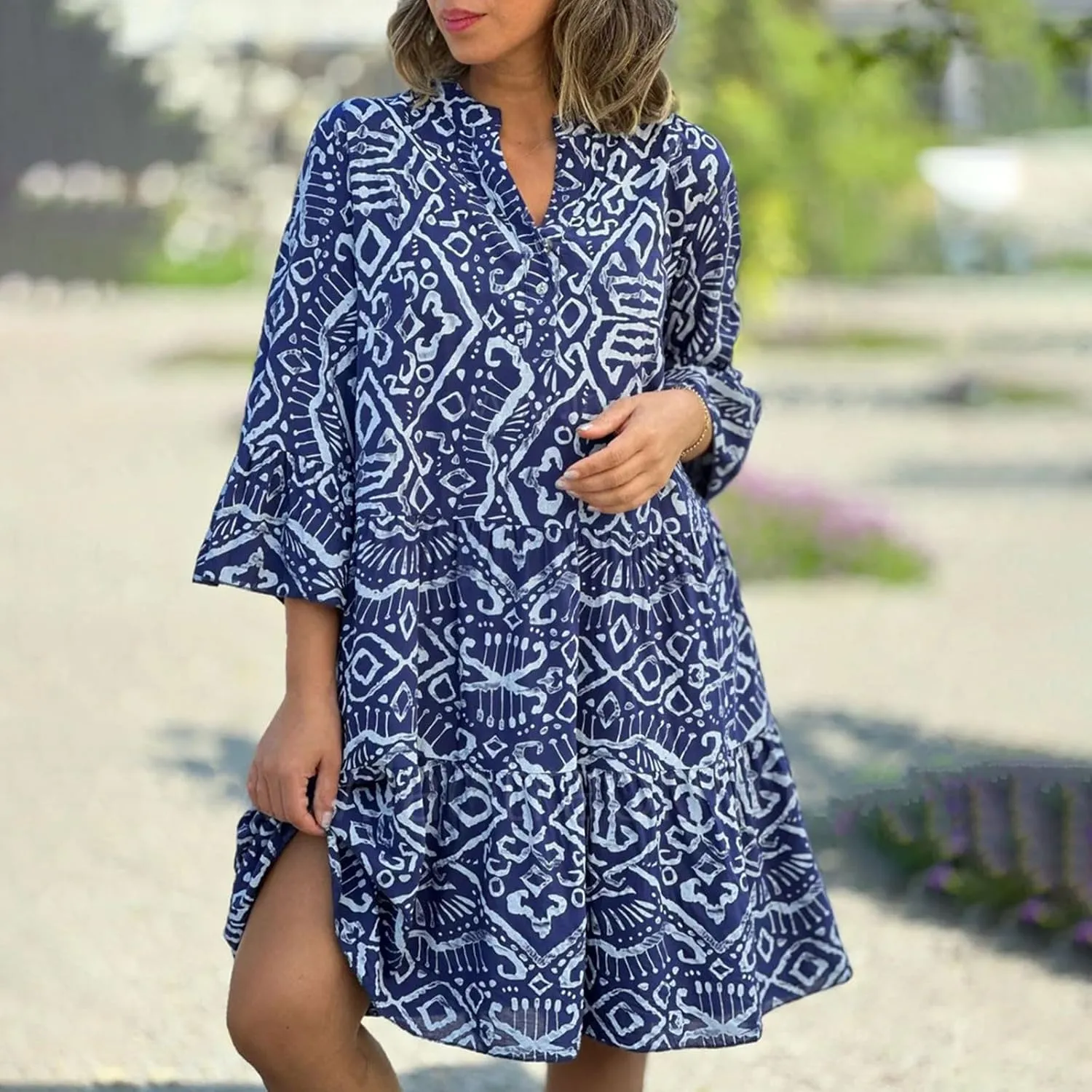 Womens Plus Size Midi Dresses Trendy Long Sleeve Casual Elegant Button Down Formal Smocked Flowy Knee Length Dress