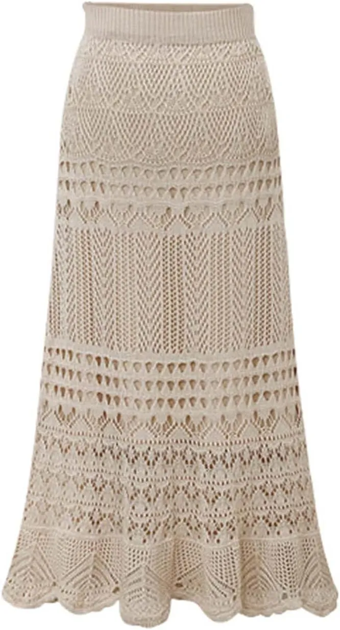 Women's Plus Size Stretched High Waist Crochet Hollow Out Knit Flowy Patterned Lace Maxi Skirt Mermaid Skirts