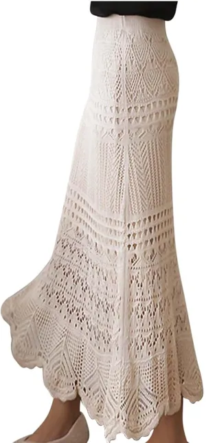 Women's Plus Size Stretched High Waist Crochet Hollow Out Knit Flowy Patterned Lace Maxi Skirt Mermaid Skirts