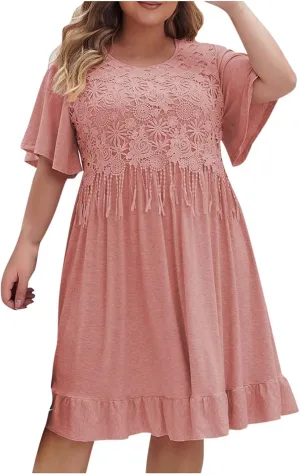 Women's Plus Size Summer Dresses Casual Short Sleeve Scoop Neck Beach Dress Ruffle Hem Loose Midi Babydoll Dress