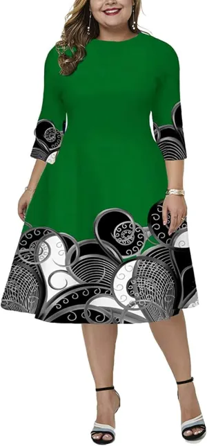 Women's Plus Size Vintage Midi Dress 3/4 Sleeve Patchwork Floral Flared A-Line Cocktail Party Formal Dresses