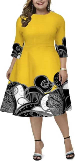 Women's Plus Size Vintage Midi Dress 3/4 Sleeve Patchwork Floral Flared A-Line Cocktail Party Formal Dresses