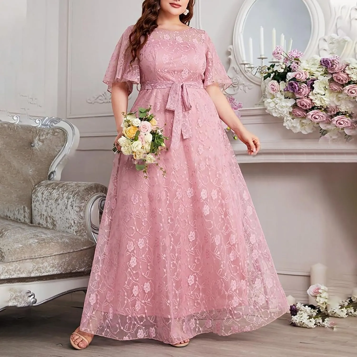 Womens Plus Size Wedding Guest Dress Formal Floral Lace Cocktail Party Maxi Dresses Chiffon Mother of The Bride Dress