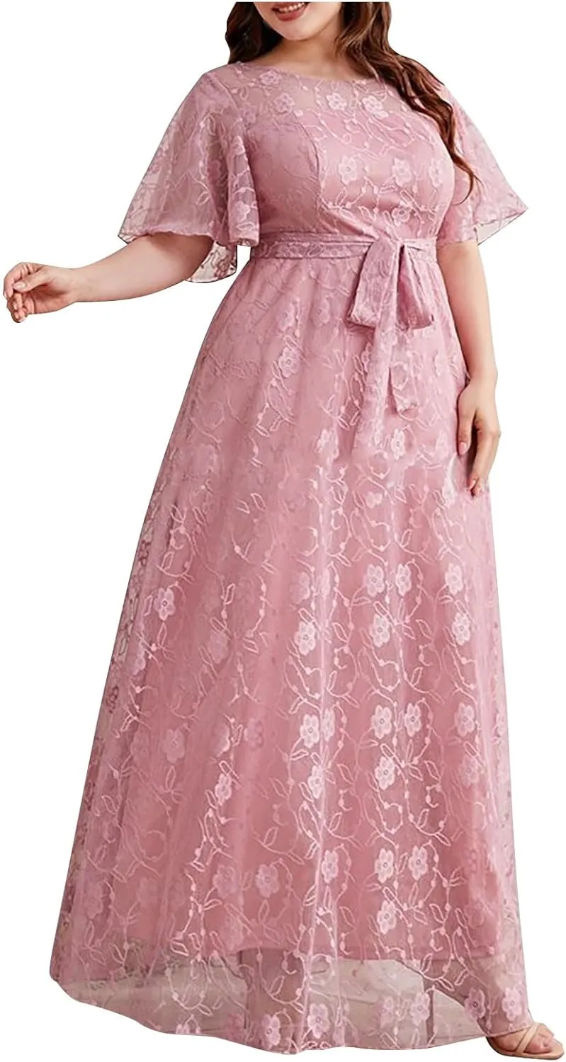 Womens Plus Size Wedding Guest Dress Formal Floral Lace Cocktail Party Maxi Dresses Chiffon Mother of The Bride Dress