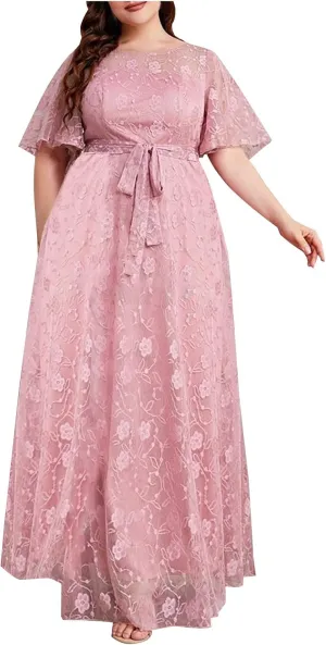 Womens Plus Size Wedding Guest Dress Formal Floral Lace Cocktail Party Maxi Dresses Chiffon Mother of The Bride Dress
