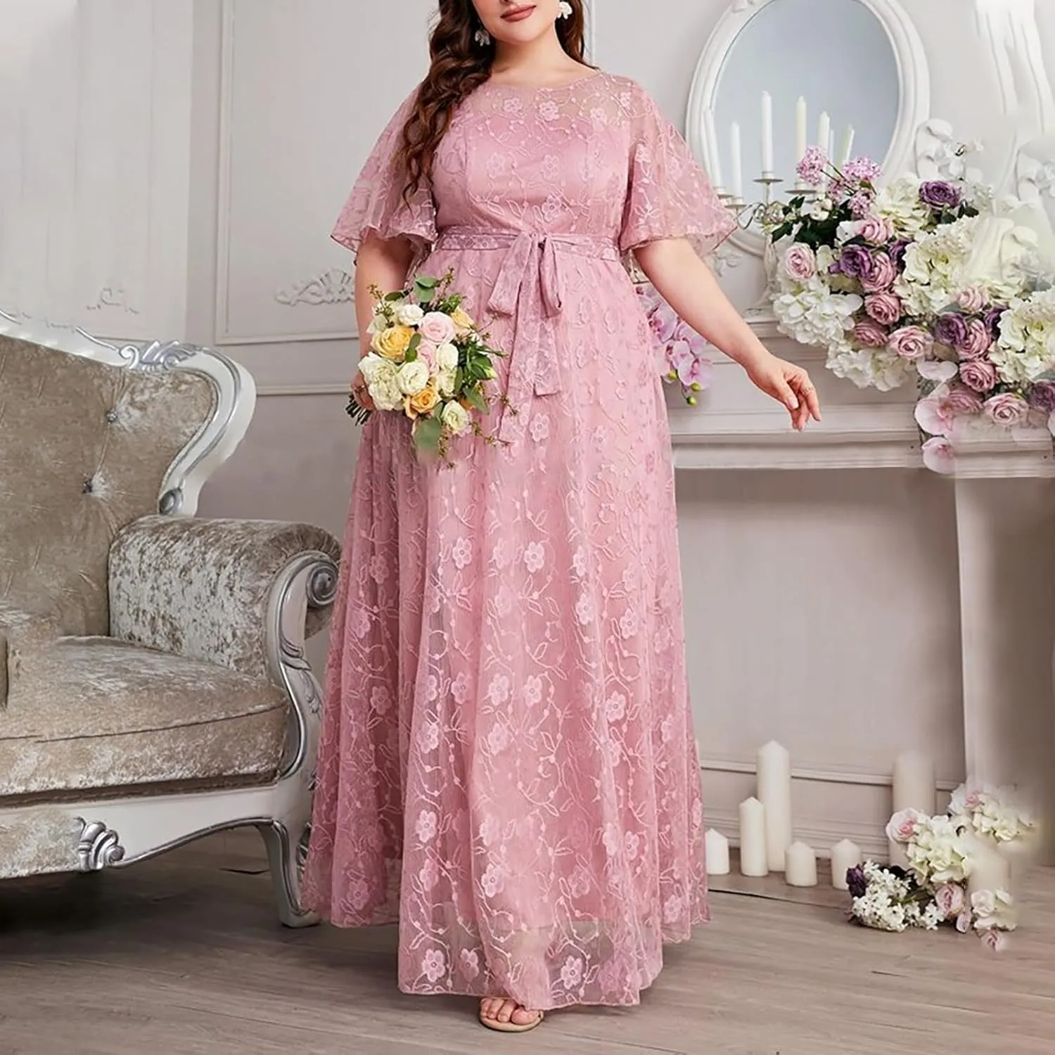 Womens Plus Size Wedding Guest Dress Formal Floral Lace Cocktail Party Maxi Dresses Chiffon Mother of The Bride Dress
