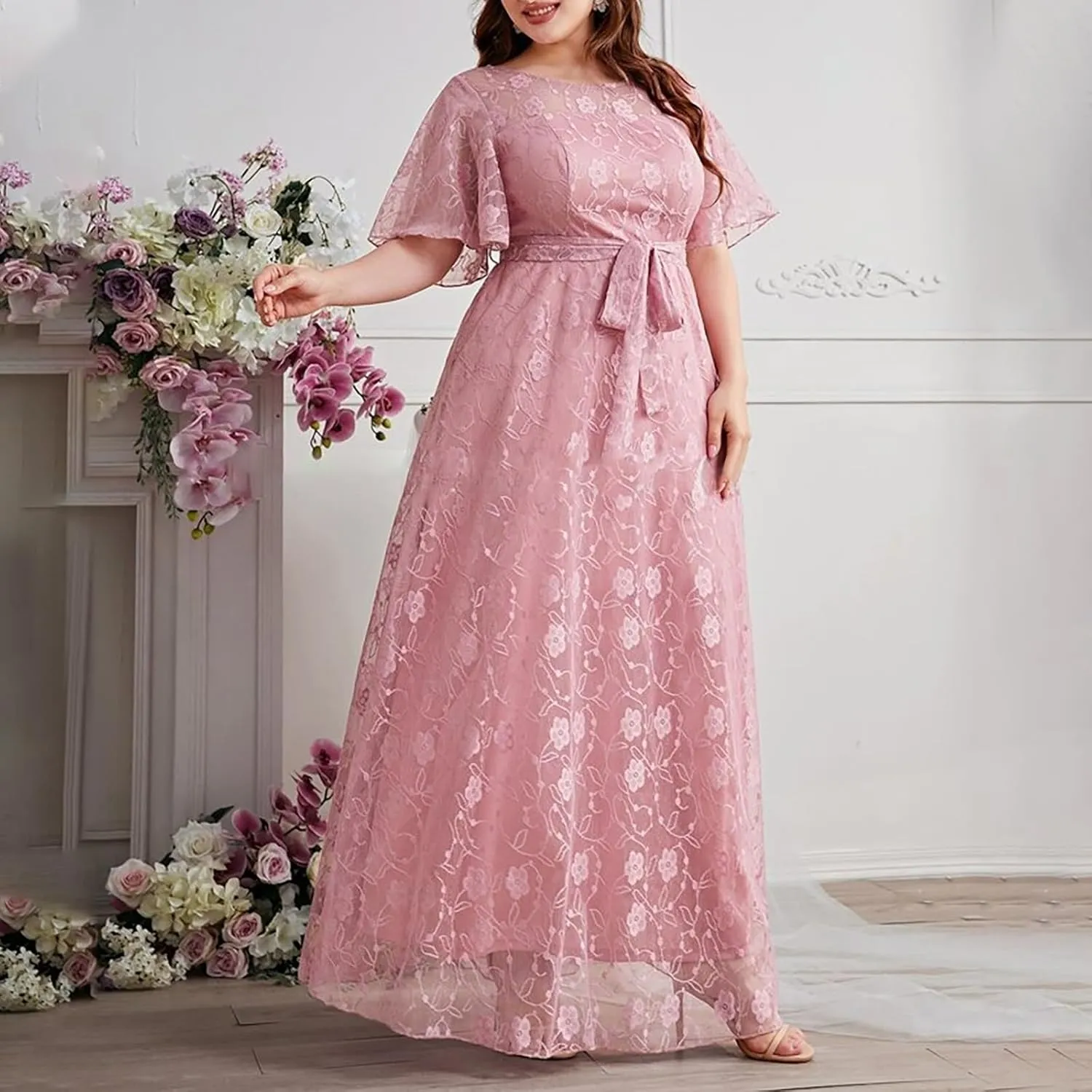 Womens Plus Size Wedding Guest Dress Formal Floral Lace Cocktail Party Maxi Dresses Chiffon Mother of The Bride Dress