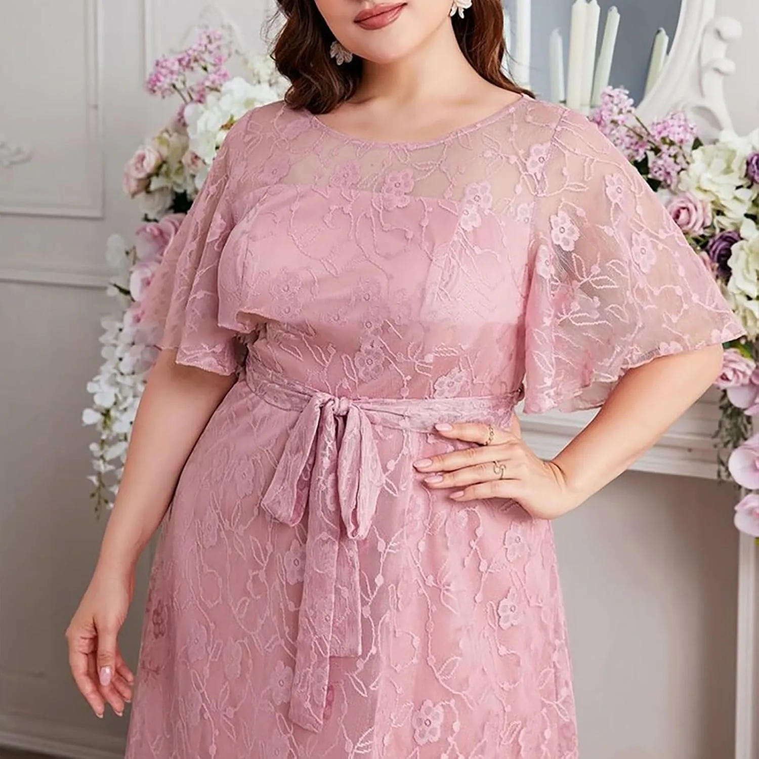 Womens Plus Size Wedding Guest Dress Formal Floral Lace Cocktail Party Maxi Dresses Chiffon Mother of The Bride Dress