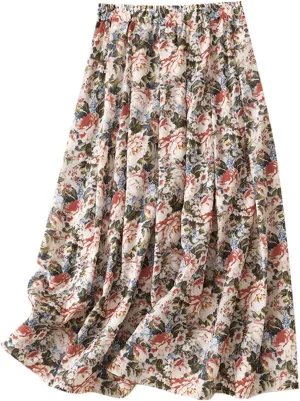 Women's Polka Dot A-Line Skirt Elegant Boho Swing Pleated Linen Hem Midi Skirt High Waist Elastic Casual Party Holiday Skirts
