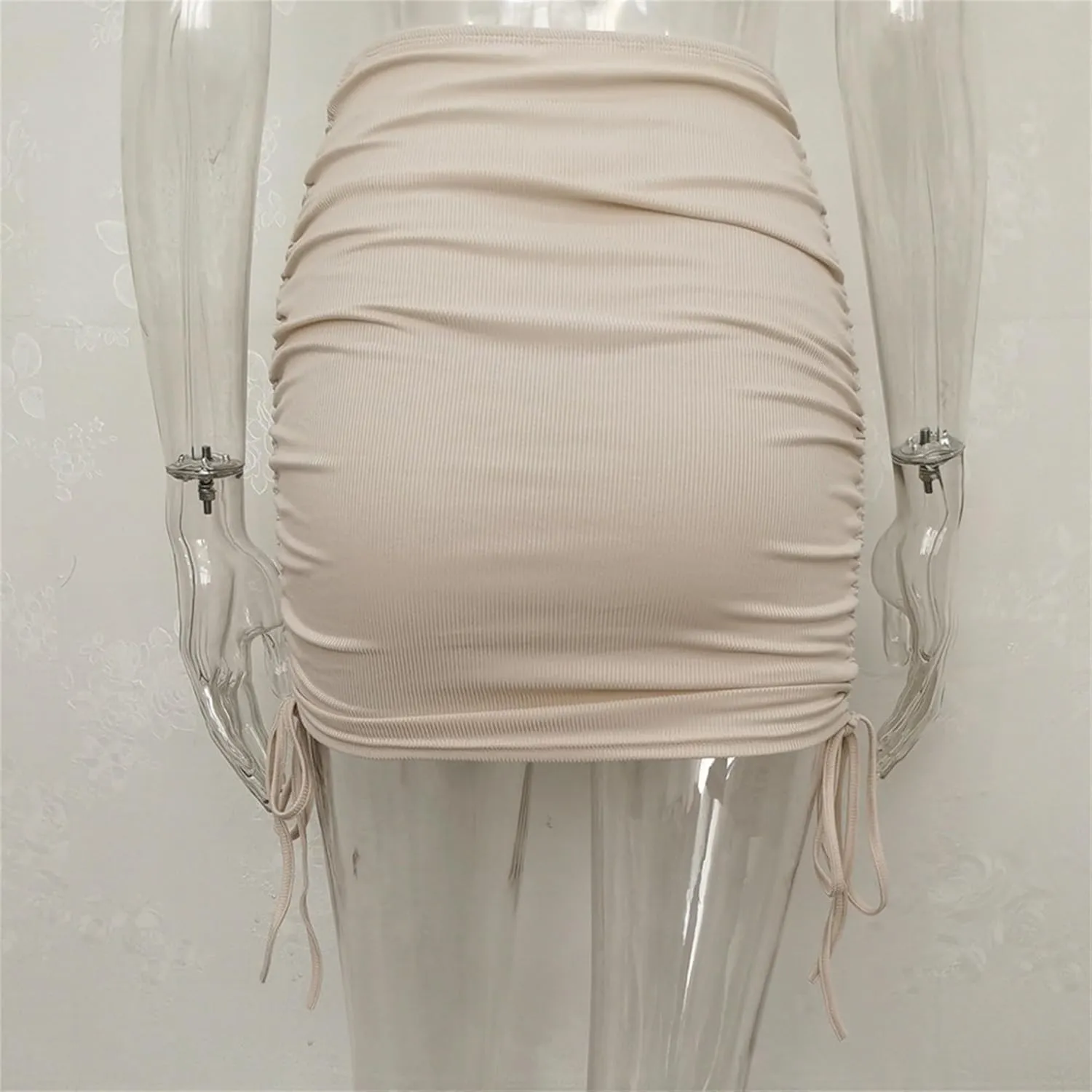Womens Ruched Drawstring Knot Side Skirt High Waist Ribbed Bodycon Skirt Casual Asymmetric Mini Short Skirt