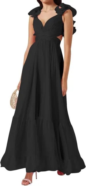 Women's Ruffle Chiffon Prom Dresses V Neck A Line Long Bridesmaid Dresses Tiered Backless Formal Evening Gown